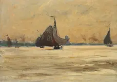 Lewis E. Herzog, Boats in Winter, Oil on canvas