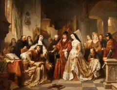 Nicaise Dekeyser, Hans Memling Receiving the Visit of Emperor Maximilian and Maria of Burgundy in the St, Oil on panel
