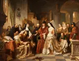 Nicaise Dekeyser, Hans Memling Receiving the Visit of Emperor Maximilian and Maria of Burgundy in the St, Oil on panel