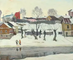 Arnold Lakhovsky, Village Scene in Snow, Oil on canvas