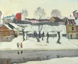 Arnold Lakhovsky, Village Scene in Snow, Oil on canvas