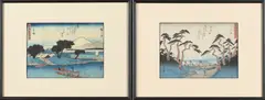 Utagawa Hiroshige, "Fifty-three Stations of Tokaido: Totsuka"; "Fifty-three Stations of Tokaido: Hiratsuka", Two woodblock prints, signed and