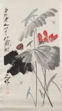 Qi Baishi, Dragonfly and Lotus Flower, Ink and color on paper scroll; signed and sealed