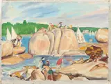 Allyn Cox, Untitled, FIGURES ON ROCKY SHORE, oil on canvas - Unstretched, 18 in. x 24 in
