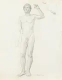 Allyn Cox, Early Male Nude Study for George Washington, MURAL, charcoal on paper
