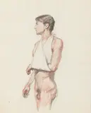 Allyn Cox, Study of Male Nude with Sling, STUDY OF MALE NUDE WITH SLING, charcoal and colored pencil.