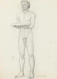 Allyn Cox, Male Nude Study for Mason Holding Cushion with Silver Plate, Charcoal on paper