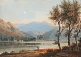 Continental School, Fishing on Mountain Lake, FISHING ON MOUNTAIN LAKE, watercolor