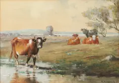 Wilbur H. Lansil, Cows in a Field, Watercolor