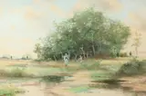 Rueben Legrande Johnston, Figures Along Stream, Watercolor