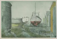 Richard Bawden, Untitled, Richard Bawden RWS NEAC RE (b.1936) 'Fishermen's Huts' etching and linocut