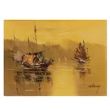 H. Wang, Escena con navíos, Óleo sobre tela