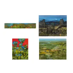 a.) A Dazzling Array b.) Suitable Shelter c.) Sunward Bloom d.) Fertile Shores by Juvenal Sansó Garrit, c.) signed (lower right)<br/> ca. 1990's<br/> acrylic on paper<br/> 10 1/2" x 8" (27 cm x 20 cm), sold Feb 2026