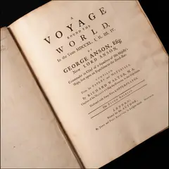 George Anson, A Voyage Round the World, in the Years MDCCXL, I, II, III, IV, Beautiful, wide-margined copy, on fine, thick paper, of the sought-after fifth edition of Anson's voyage, printed on heavy laid paper and superior in quality to the first four editions produced the preceding year. The work is justifiably famous for the many engraved charts and views, but also noteworthy for the text chronicling adventure and discovery as Anson roamed the Pacific in pursuit of Spanish treasure, at which he was very successful, capturing in 1743 the Manila galleon with a treasure of £400,000 sterling, returning to England a rich and famous man.