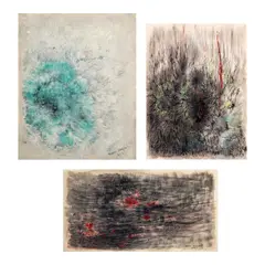 a.) Sans Titre I
b) Sans Titre II
c.) Sans Titre III by Nena Saguil, a.) watercolor on paper b.) mixed media on paper c.) mixed media on paper, sold Dec 2025