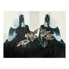 Arturo Sanchez, Contemplation, oil on canvas, collage on sand blasted mirror