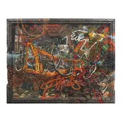 Blares of the Opposite by Jigger Cruz, oil and spray paint on canvas and wooden frame, sold Dec 2025