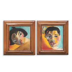 a.) Portrait of a Young Woman
b.) Portrait of a Young Man as  
Dr. Jekyll and Mr. Hyde by Nena Saguil, signed and dated 1950 (lower right)<br> oil on canvas<br> 7 1/2" x 6 1/2" (19 cm x 17 cm), sold Sep 2025