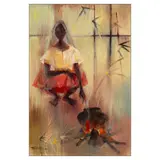 Romeo Tabuena, Woman and a Country Meal, oil on wood