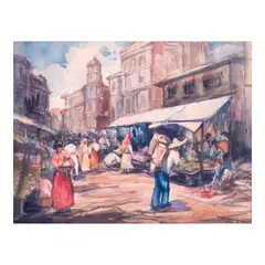Market Scene by Dominador Castañeda, watercolor on paper, sold Mar 2025