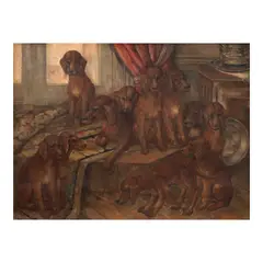 Chiens de Chasse dans Un Intérieur by Macario Vitalis, oil on canvas, sold Feb 2025