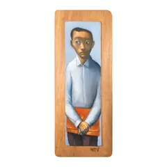 Aplikante by Emmanuel Garibay, oil on wood, sold Feb 2025