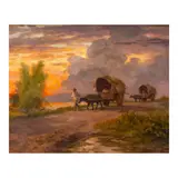 Fernando Amorsolo, A Man Leading Bullock Carriages at Sunset