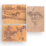 a.) Barrio Scene b.) Sabungero c.) Portrait of a Man by Three Sketches by Fernando Amorsolo, pencil on paper, sold Sep 2024