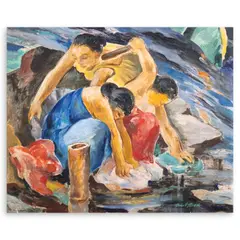 Lavanderas by Romeo Tabuena, oil on wood, sold Sep 2024