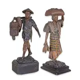 a) A Farmer with Firewood And 2 Upo / Bottle Gourd / Calabash Vegetables b) A Female Vendor of Vegetables by A Pair of Tipos Del Pais Statuettes, polychromed “baticuling” wood (“Litsea leytensis”), sold Jun 2024