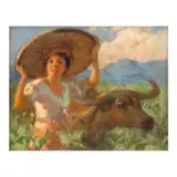 Smiling Woman with Carabao by Fernando Amorsolo, oil on canvas board, sold Jun 2024