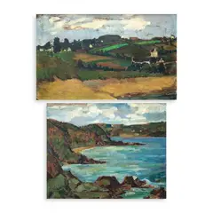 a.) Paysage de Bretagne b.) Plage des Curés by Macario Vitalis, oil on panel, sold Jun 2024