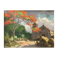 Fire Tree by Fernando Amorsolo, oil on canvas board, sold Mar 2024