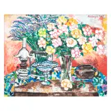 Still Life with Flowers and Glass Lamp by Norma Belleza, oil on canvas, sold Feb 2023
