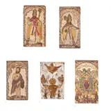 A Set of Five Relleve Panels, a) St. Ambrose/Ambrosio b) St. Gregory the Great/Gregorio c) St. Jerome/Gironimo d) God the Father e) Sacred Heart of Jesus, Mid to late 19th centuryhard wood with polychromy, paint flaking in some parts, conservation and repair on one panel