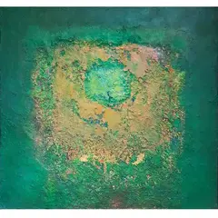 Lee Aguinaldo, Mandala in Green, oil on fiberboard