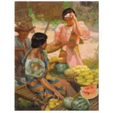 Fruit Vendors by Fernando Amorsolo, oil on canvas, sold Sep 2021