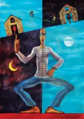 Untitled (Balancing Act) by Mark Justiniani, oil on canvas, sold Sep 2020