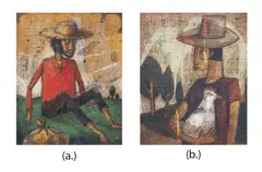 a.) Si Emong Manlalakbay 1 b.) Si Emong Manlalakba by Rodel Tapaya, acrylic on burlap, sold Jun 2019