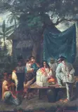 Vendors by Lorenzo Guerrero 1835-1904, oil on wood, sold Feb 2019