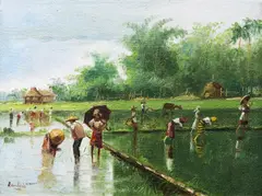 Planting Rice by Isidro Ancheta, oil on canvas board, sold Sep 2017