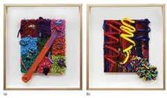 Nilo Ilarde, a.) Sticks and Stones b.) For Mondrian, a.) oil and collage on pegboard b.) oil on pegboard
