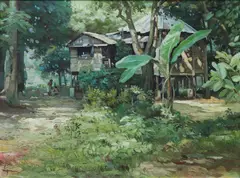 Nipa Hut by Sofronio y Mendoza, oil on canvas, sold Sep 2017