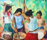 Pounding Rice by Vicente Manansala, oil on canvas, sold Sep 2017