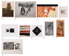 Virgilio Pandy Aviado, a.) EW Revisited
b.) Christianization Series Cp. 6
c.) Suzie Creme Chiz Variation
d.) Untitled
e.) Untitled
f.) Untitled
g.) Untitled
h.) Untitled
i.) Untitled
j.) Untitled, woodcut, collograph 7/30, etching 8/20, etching 4/20, etching 5/20, etching 7/20, woodcut