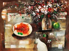 Edgar Doctor, Still Life w/ White Cat, watercolor on paper