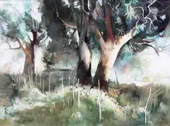 Trees by Vicente Manansala, watercolor on paper, sold Feb 2015