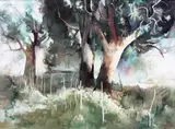 Trees by Vicente Manansala, watercolor on paper, sold Feb 2015