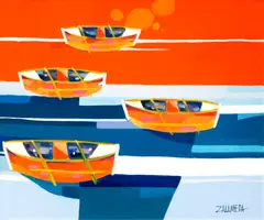 Compositional Boats by Oscar Zalameda, oil on canvas, sold Feb 2015