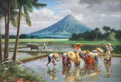 Fernando Amorsolo, Planting Rice (Mayon), oil on canvas